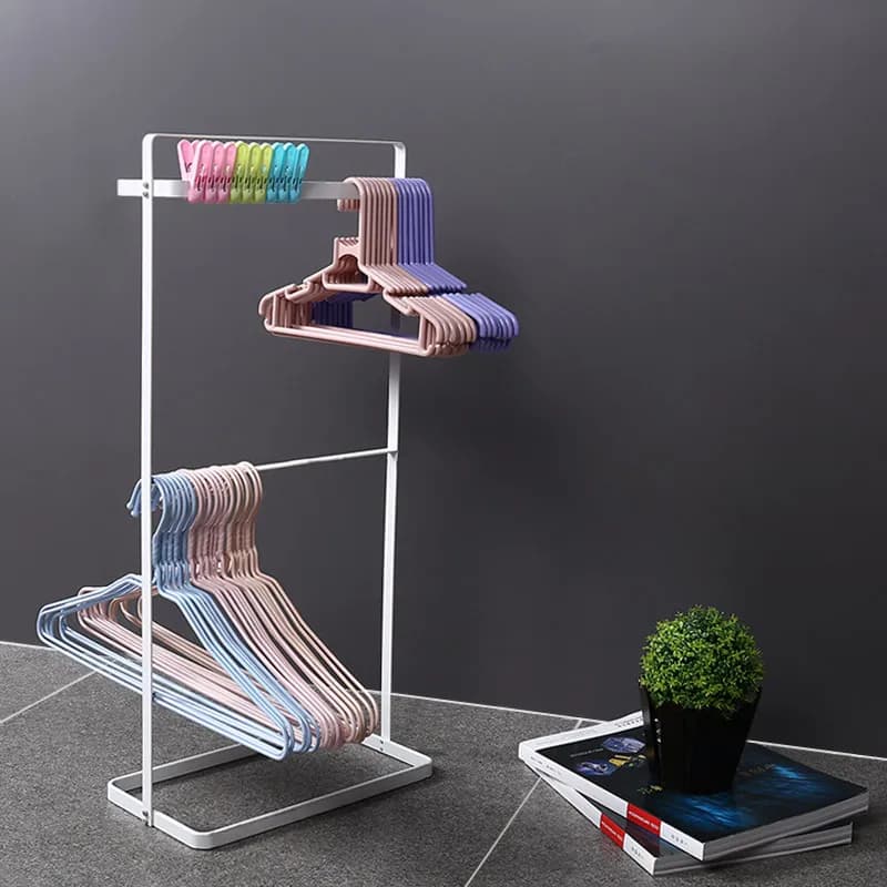 Clothes Hanger Storage Rack Shelves Floor Standing Clothespin Clothes Hanger Organizer Balcony Laundry Room Carbon Steel Homepro