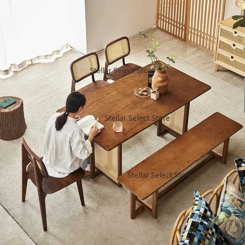 Customizable Japanese dining table ash wood rattan dining table and chair combination retro simple bench chair walnut solid wood
