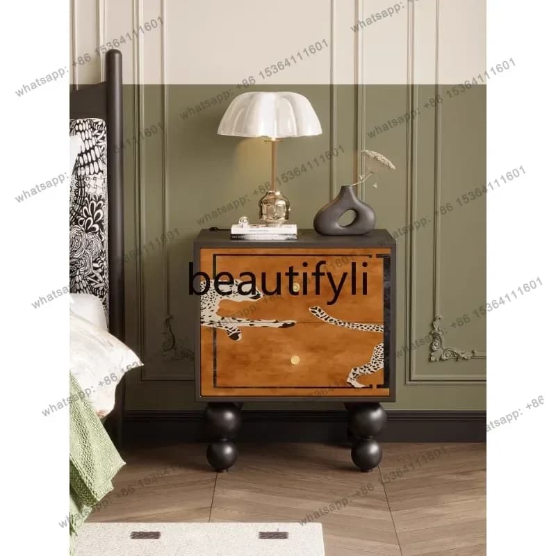 LXFrench bedside table retro solid wood bedroom storage cabinet sofa side decorative cabinetSSS