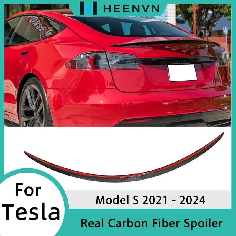 HEENVN Real Carbon Fiber Spoiler for Tesla Model S 2024-2021 Rear Tail Wing Trunk Lip Spoiler Modding Car Exterior Accessories