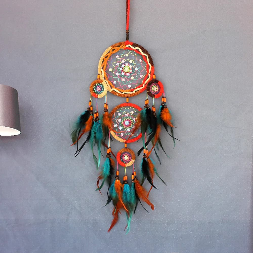 Multi-ring Handmade Dreamcatcher Colorful Feather Wall Hanging, Bohemian Wall Decor, Home Bedroom Ornament Gift.