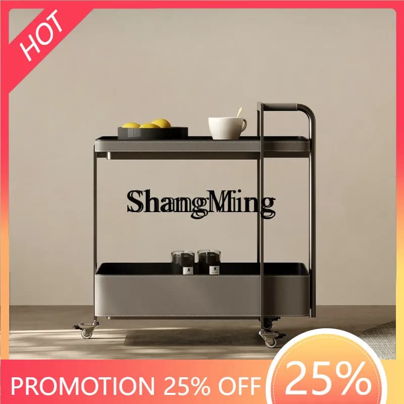 CL  double-layer coffee table simple light luxury saddle leather movable side few stainless steel trolley