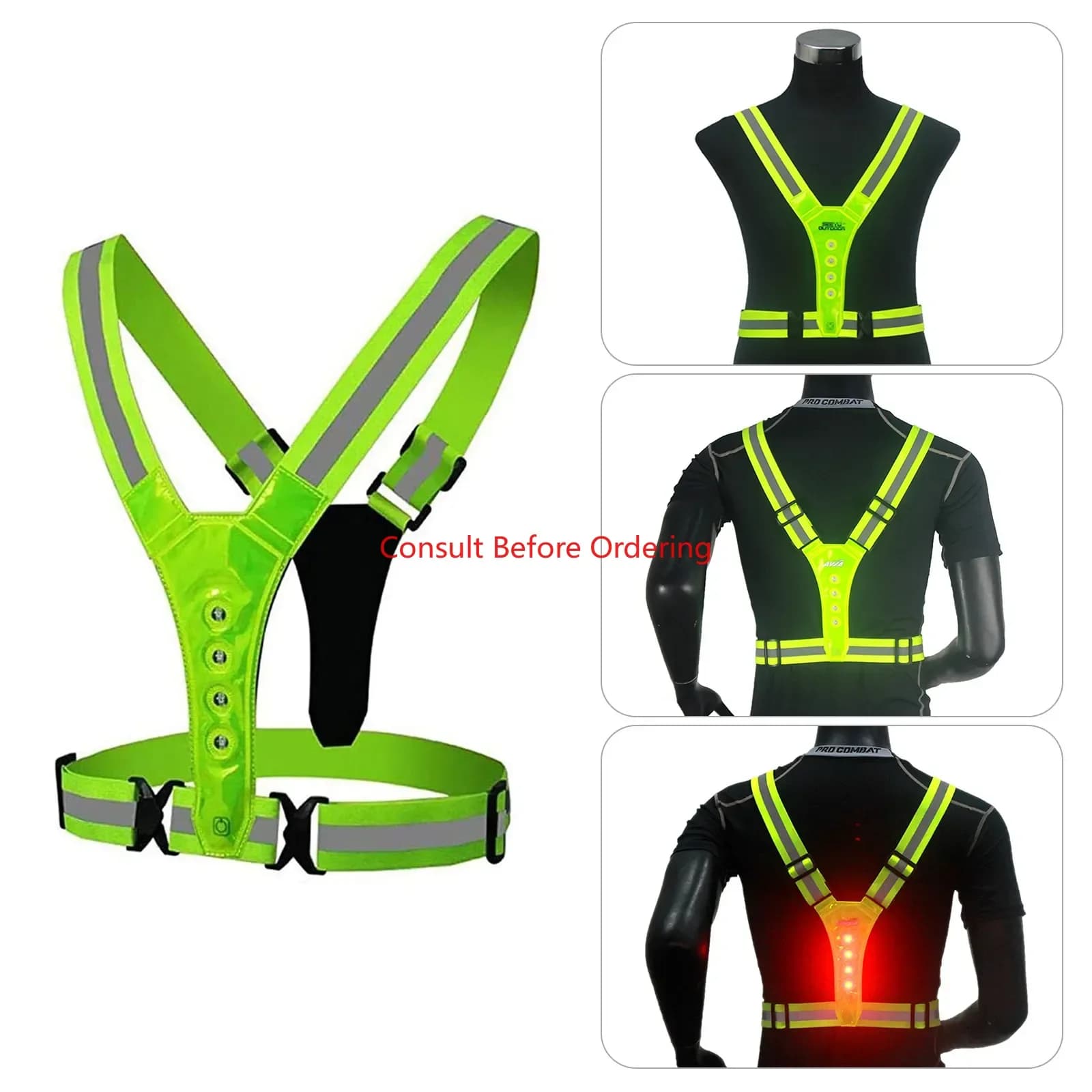 LED Reflective Running Vest Adjustable Elastic Vest High Visibility Warning Lights Safety Gear For Night Running Walking Cycling