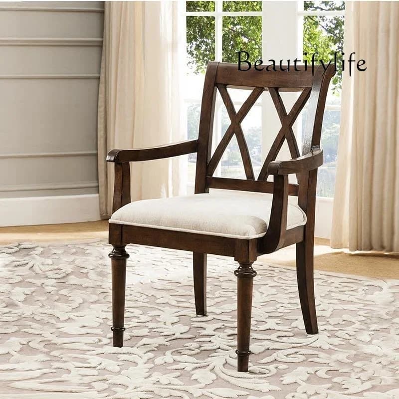 XR American Country Solid Wood Computer Chair Home Armrest Office Chair Study Fabric Leisure Dining Chair Designer