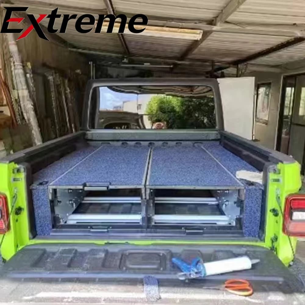 4x4 Off-Road Pickups Rear Truck Bed Storage System Metal Double Drawers 1 Top Sliding Fridge Tray Bed Tooling Box Jeep Gladiator
