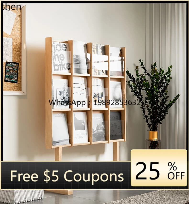 WW   Magazine Rack Solid Wood Reading Display Bookshelf Creative Acrylic Floor Newspaper CD Rack
