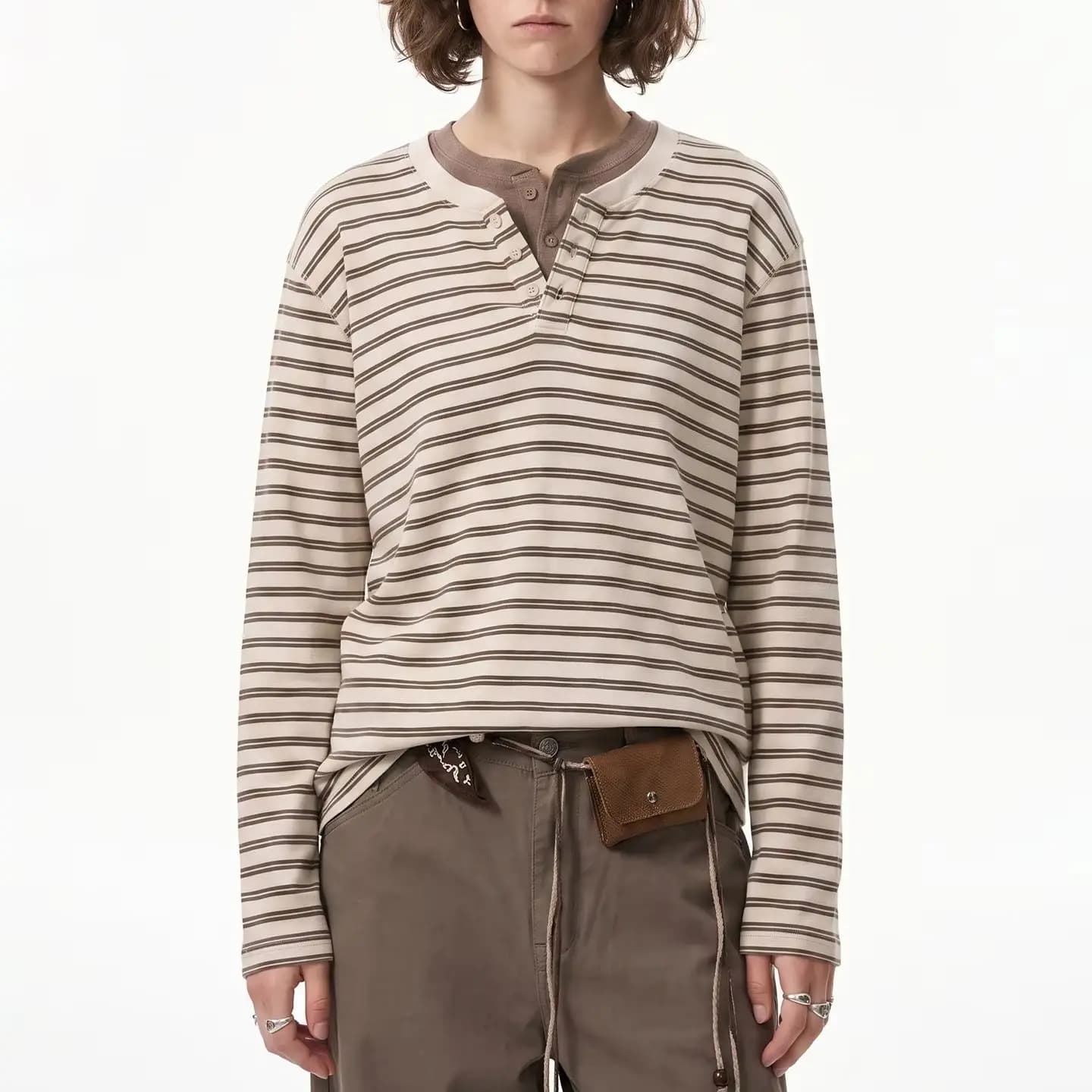 Striped Henley Collar Old Money Tee 2026 Autumn Premiere Japanese Vintage Contrast Shade Long‑Sleeve Garment Loose Daily Unisex