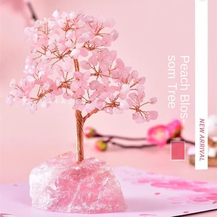 Handmade Rose Quartz Love Tree Ornament with Peach Blossom Natural Stone Base - Unique Birthday Gift for Girls Bedroom Decor