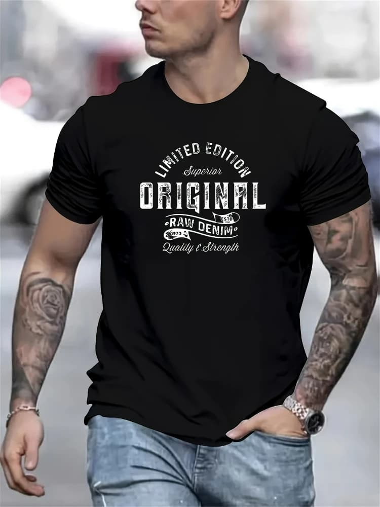 Men's original pattern-fashion short-sleeved 100% cotton O-neck T-shirt with striking white letters printed on it.