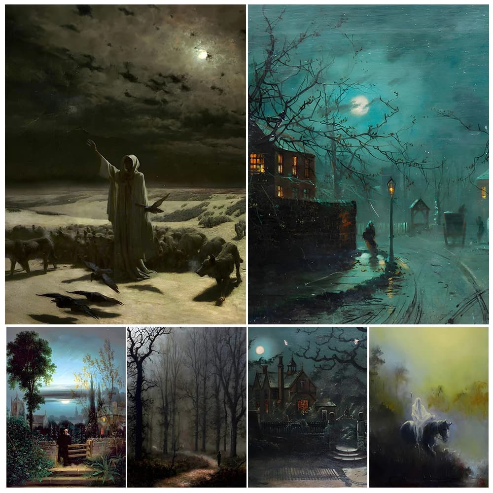 Tranquility Night And Moonlight Path Antique Oil Painting Poster Print Decor,Countryside Night Vintage Wall Art Canvas Painting