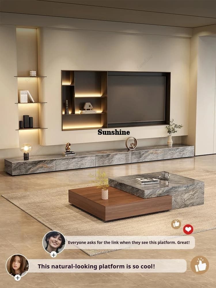 Glossy Grey Stone TV Platform, Italian Minimalist Media Console, EO Eco-Friendly&Large Storage, Durable&Easy Clean, Customizable