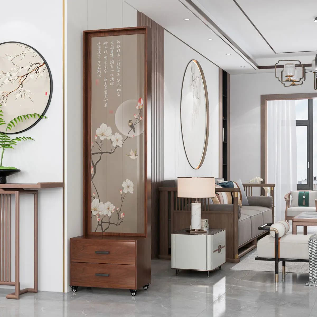 LH New Chinese Multifunctional Screen Partition Cabinet Shielding with Universal Wheel Decoration