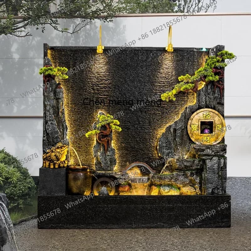 CC Water curtain wall, flowing water landscape, outdoor fortune, water feature, rockery, screen ornament