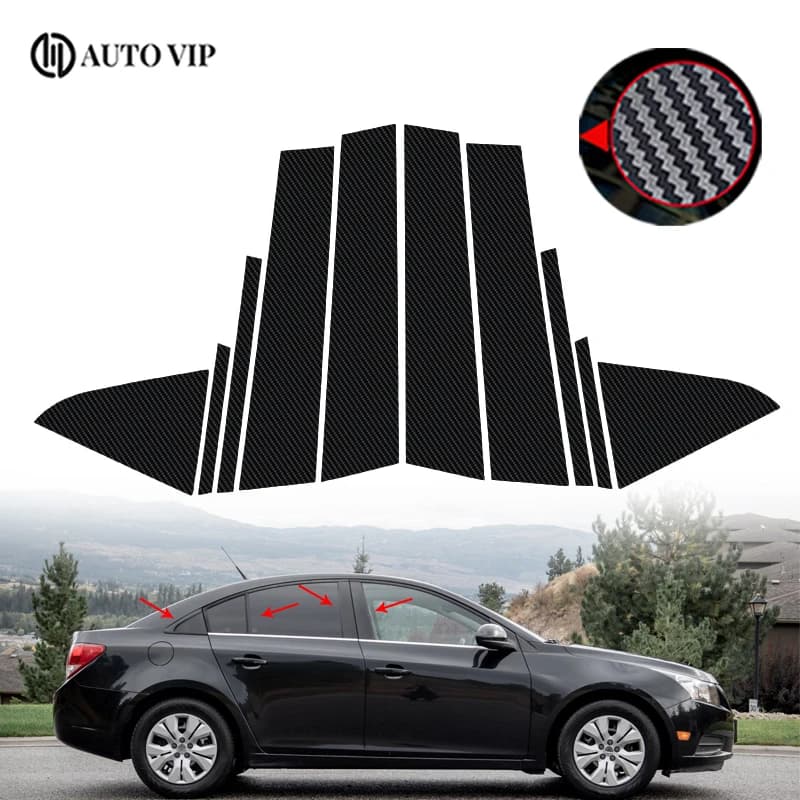 10Pcs Car Side Window Door Pillar Trim Posts Sticker Gloss Black Exterior Parts for Chevrolet Cruze carbon fibre 2011-2015
