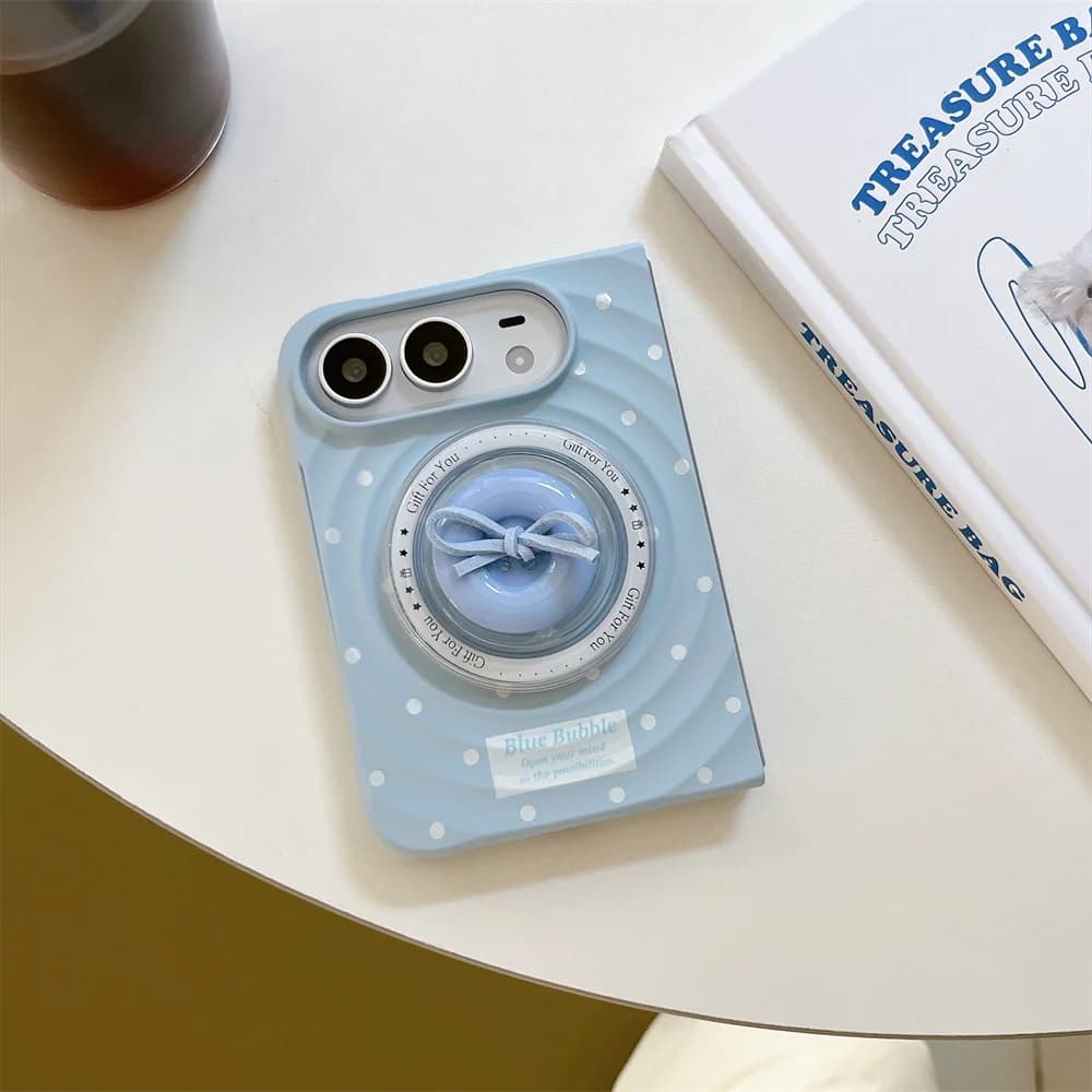 Kawaii Cartoon Light blue Dot Magnetic stand Phone Case For iPhone Duo Cute Foldable Anti Drop Full Lens Protection Cover Funda