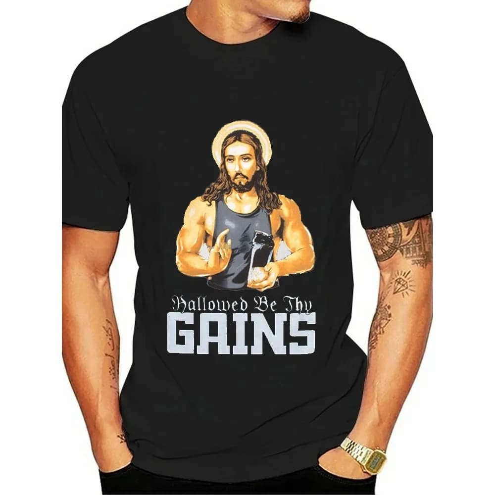 Hallowed Be Thy Gains. Funny Jesus Gym Fitness Training T-Shirt 100% Cotton O-Neck Short Sleeve Casual Mens T-shirt Size S-3XL