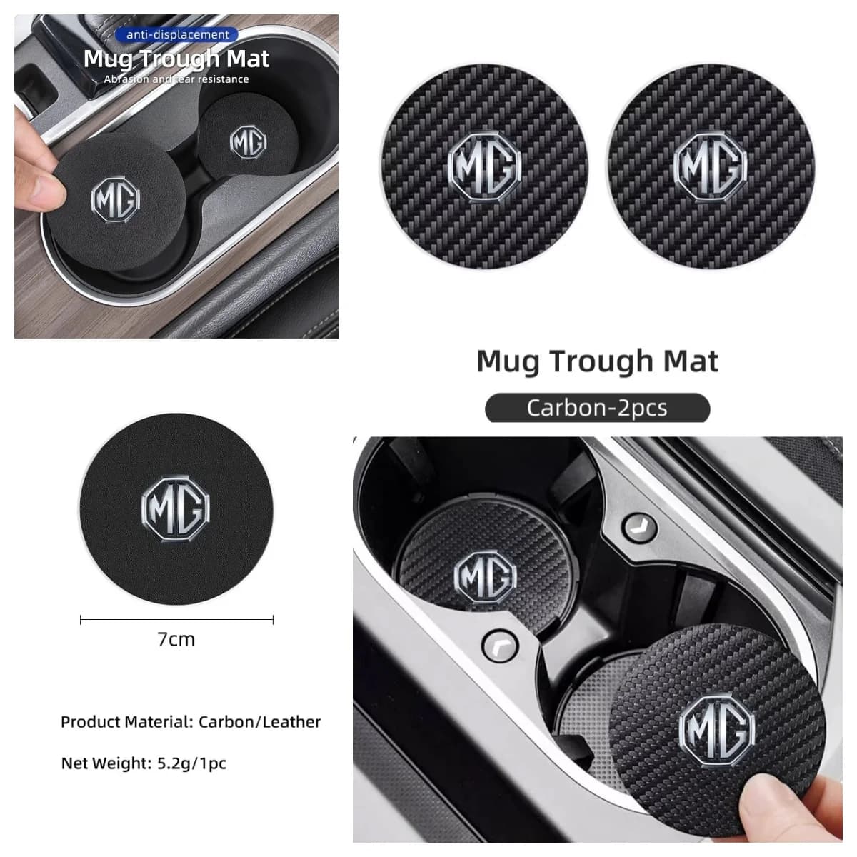 2Pcs MG Logo Carbon Fiber Car Cup Coaster Anti Slip Water Cup Mat Fit MG ZS EV HS EHS PHEV MG3 MG4 MG5 MG6 Interior Accessories