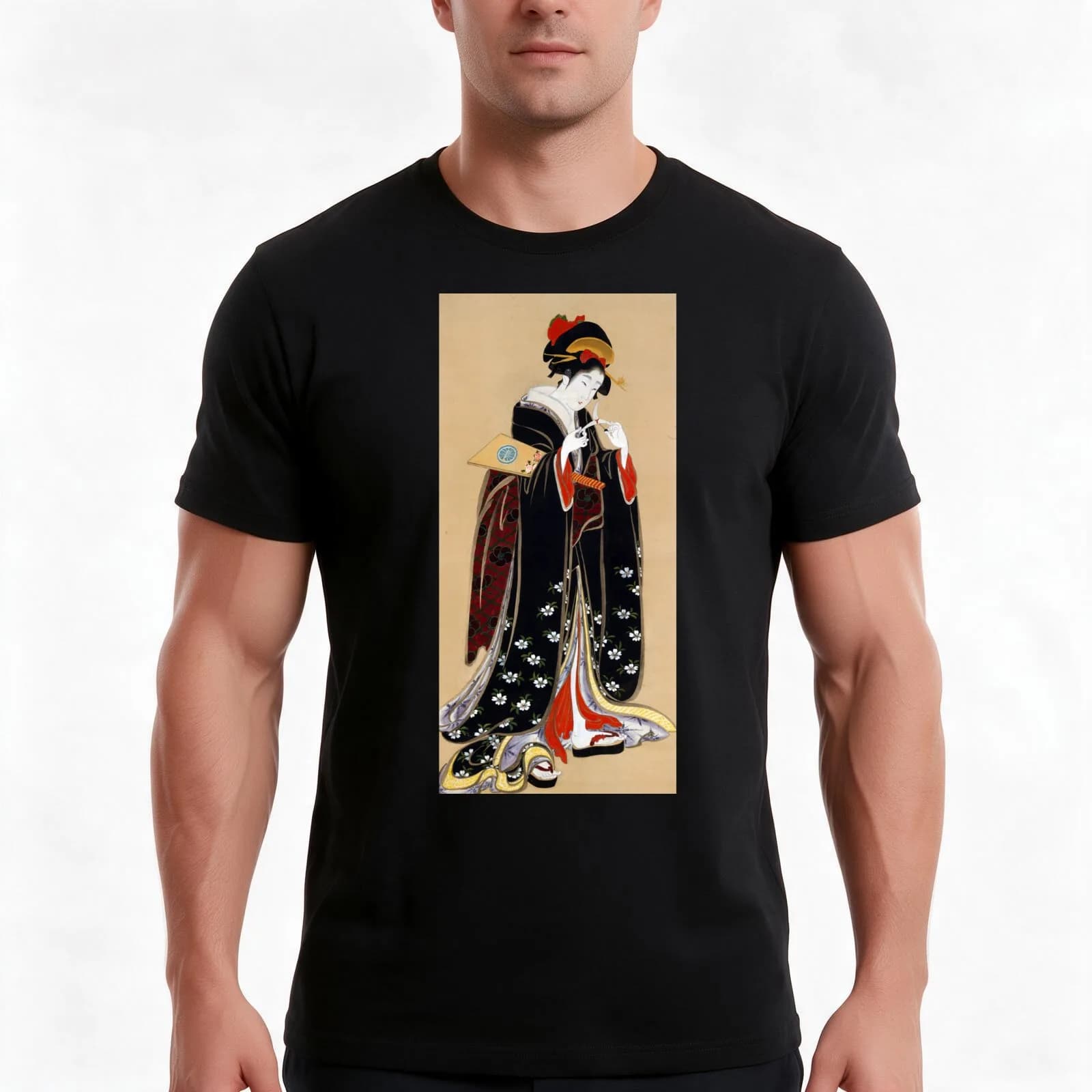Geisha Holding Flower T-Shirt, Summer Casual Cotton Tee, Oversized Streetwear Tops, Vintage Graphic Print, Unisex Men Women