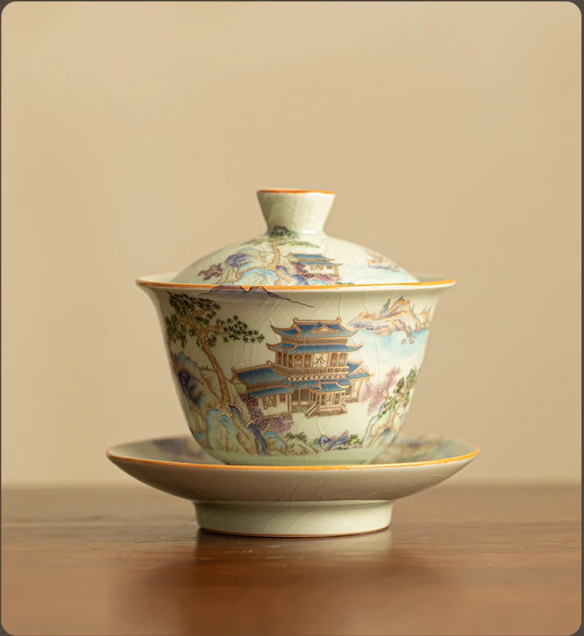 Covered Bowl Landscape Teapot Master Cup Crackle Glazed Gold Embellished Covered Bowl Gift