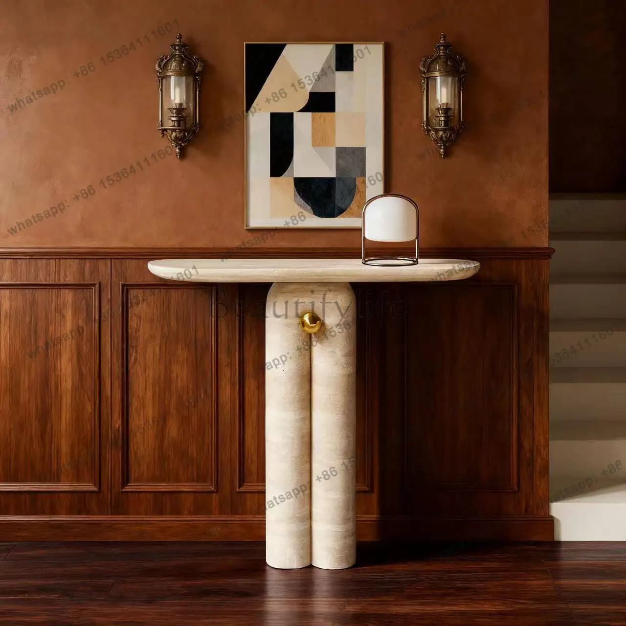 Wabi-sabi French retro natural travertine entrance aisle long case