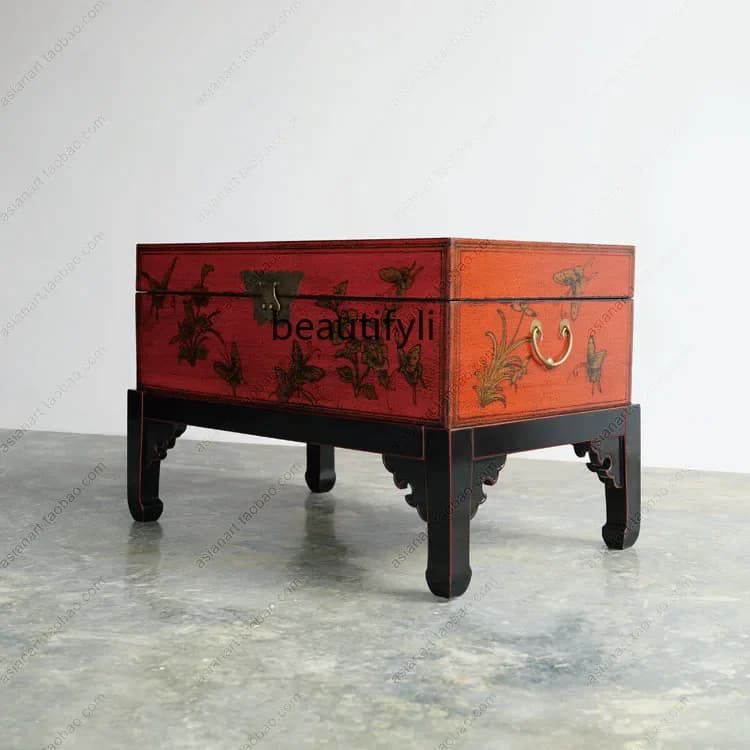 New Chinese solid wood coffee table hand-painted butterfly old antique gold-painted box edge table