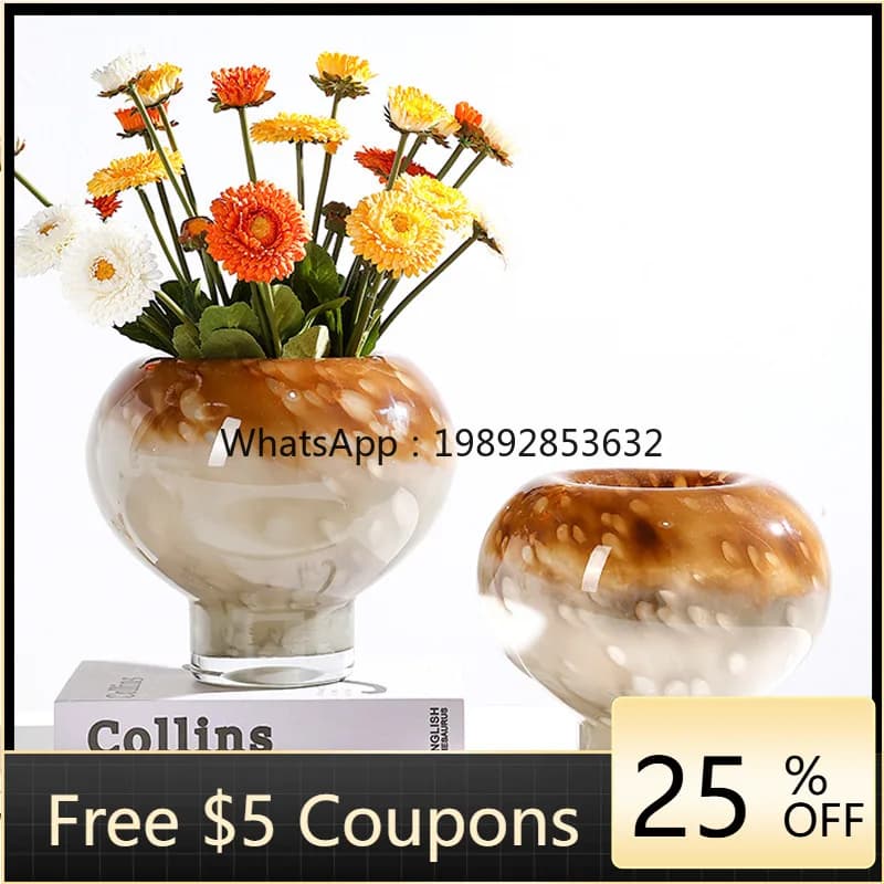 L3-18 Glazed Gradient Round Mushroom Stall Vase Ornament Living Room Tabletop Flower Vase Decoration
