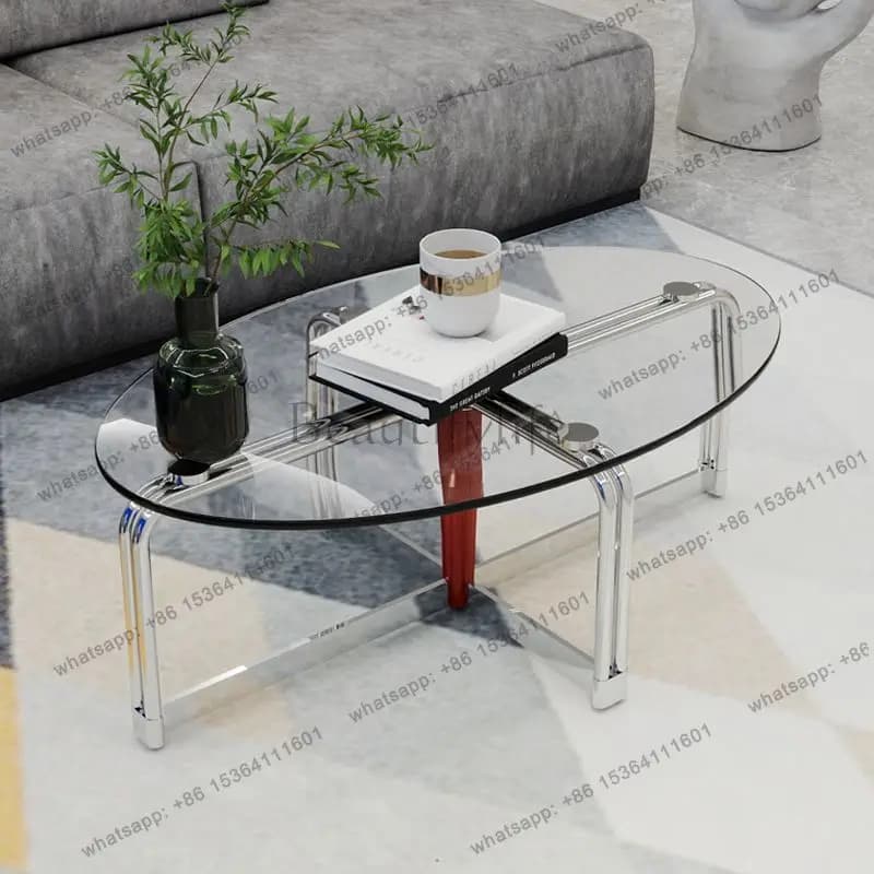 Living room coffee table Household stainless steel glass high-end small apartment minimalist oval tea table
