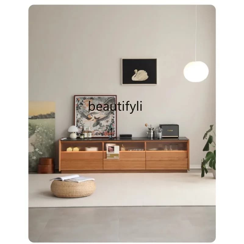 Cherry wood TV cabinet Living room simple rock slab solid wood floor TV cabinet