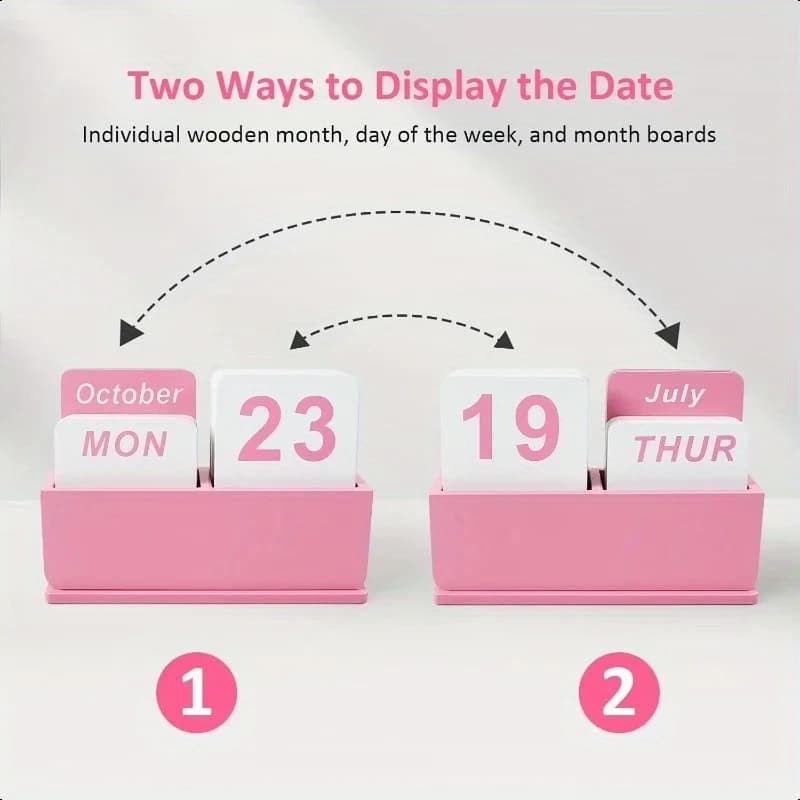 Pink Wooden Table Calendar - Modern Farmhouse Aesthetics, Adjustable Daily Flip Stand With Large Display Screen, Reusable Annual