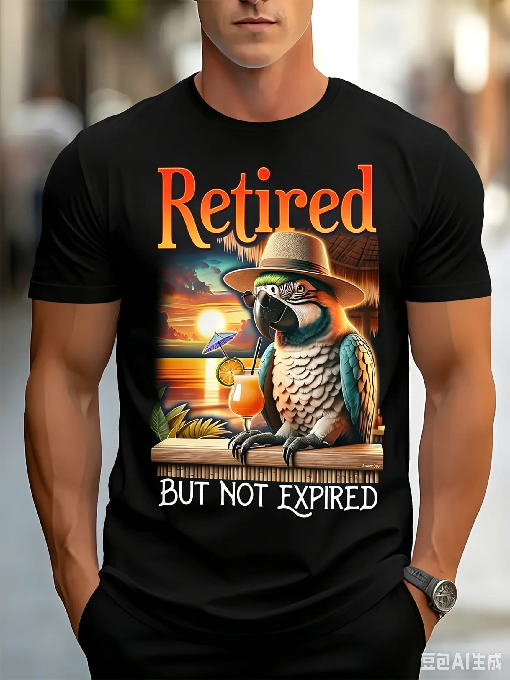 Funny Retired But Not Expired T-Shirt, Cool Macaw Parrot Beach Sunset Cocktail Graphic Crew Neck Men Vacation Shirt