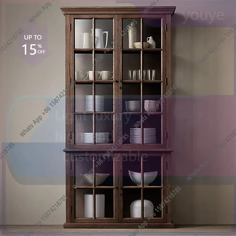 grE Rt American Rural Solid Wood Bookcase French Retro Wine Cabinet Dining Side Cabinet Small Apartment Glass Door Storage Custo