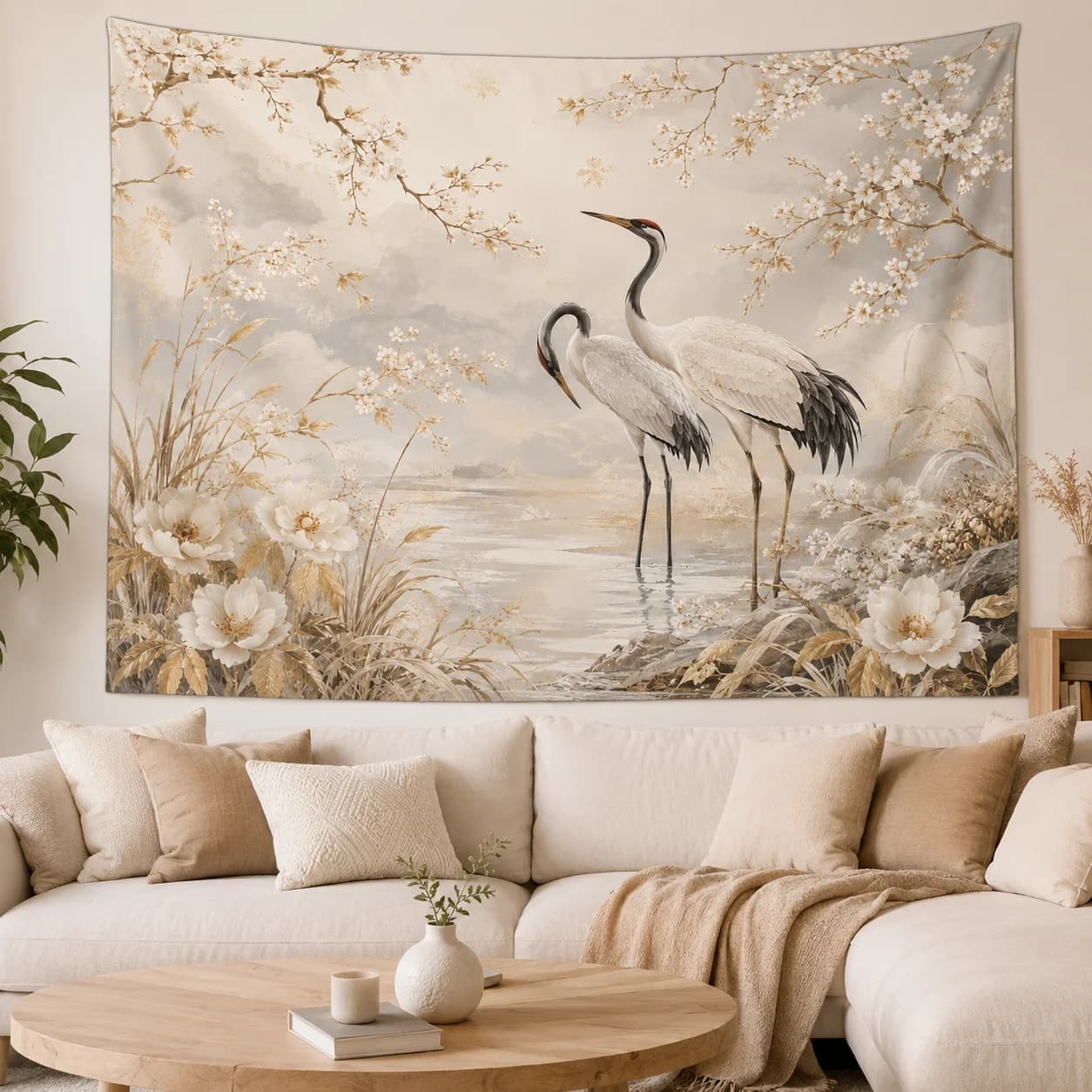 Crane Tapestry Asian Lake Floral Wall Hanging Neutral Cloth Bedroom Home Wall Decor