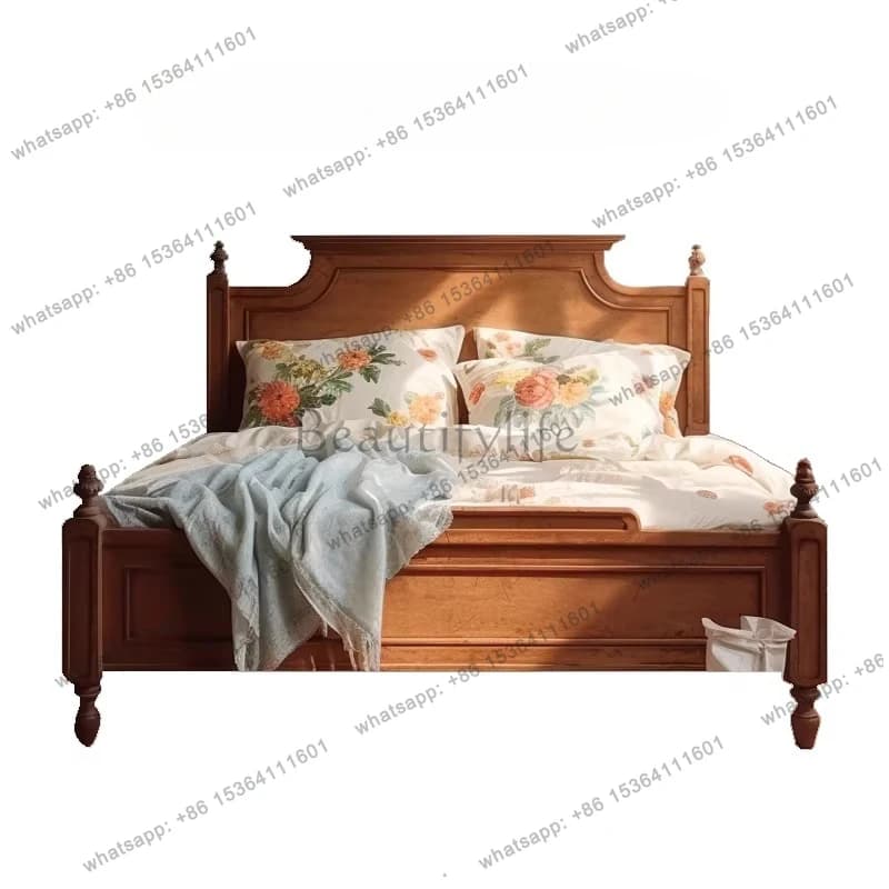 American retro style solid wood backrest bed carved simple Roman column double bed
