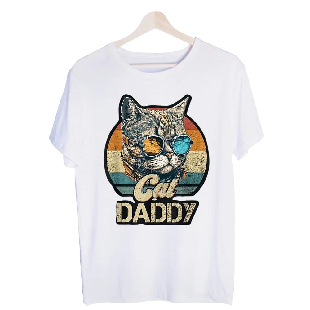 Men's Cat with Sunglasses Graphic Tee, Vintage Style Short Sleeve Crew Neck T-Shirt for Casual Daily Wear