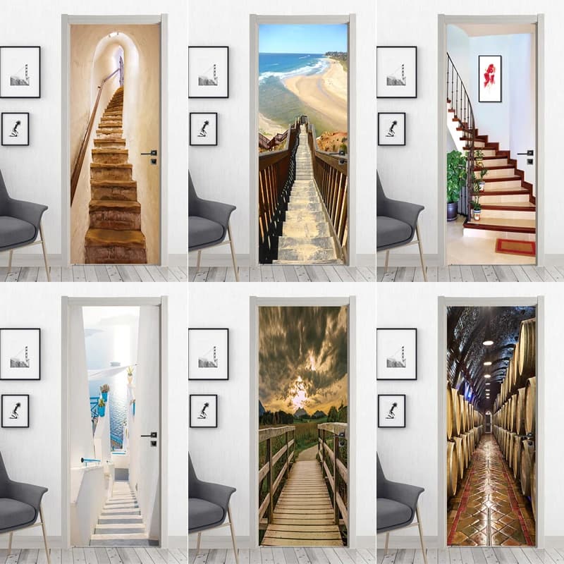 Door Stickers Adhesive  Retro Staircase View Posters Wallpaper for Living Room DIY Full Door Mural Cover Art Poster Home
