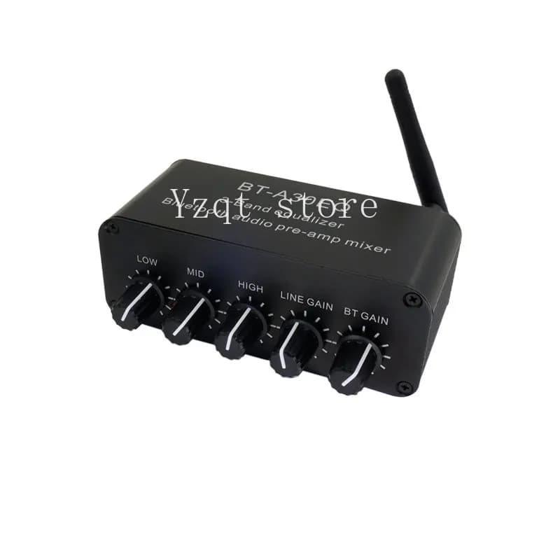 Bluetooth receiver, audio amplification, three-band equalizer, mixer, aux wired input, treble, mid, and bass adjustment