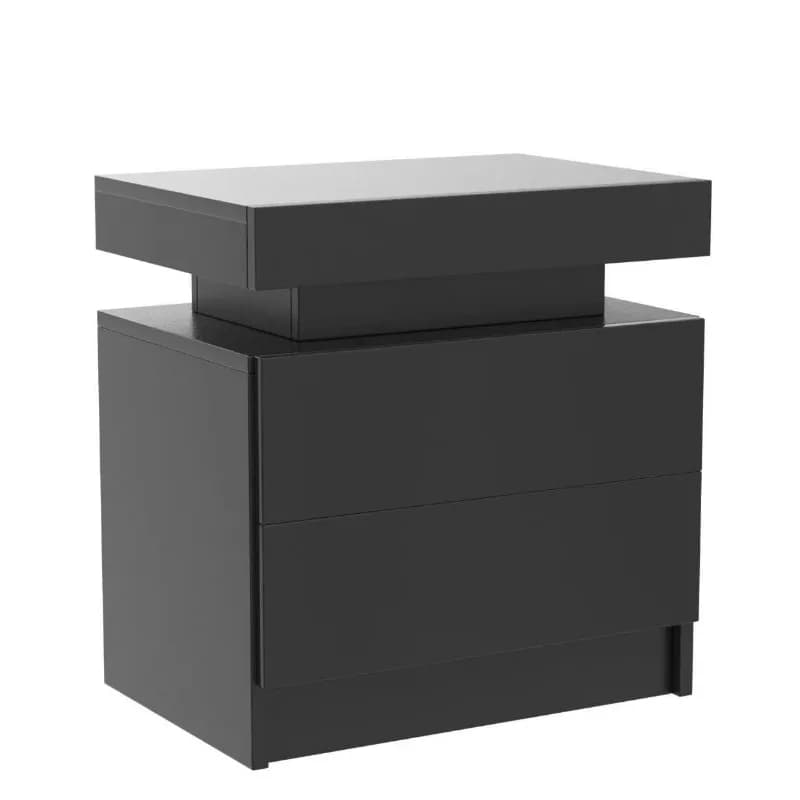 Modern minimalist eco-friendly high-gloss black bedside table with RGB LED light, 2 drawers, large storage space
