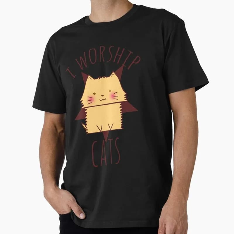 i worship cats #evil Funny Cat Gift T-shirt Short Sleeve Graphic Clothes All Size Tops S-6XL 100% Cotton Printed Unisex Tee
