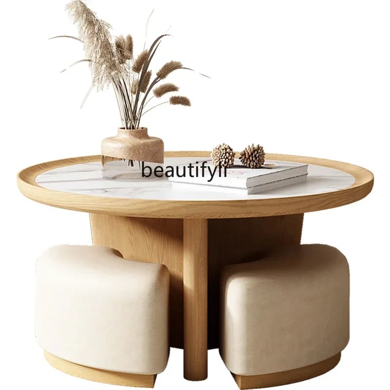 Nordic Coffee Table Living Room Home Modern round Stone Plate Small Table Coffee Table Stool Combination