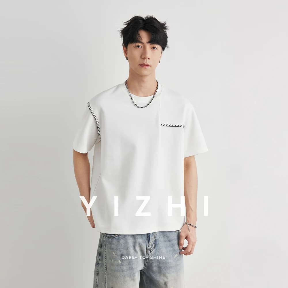 Men's Fashion Stitch Decor Short Sleeve T-shirt 2026 Summer Crew Neck Loose Drop Shoulder Minimal Versatile Commute Top