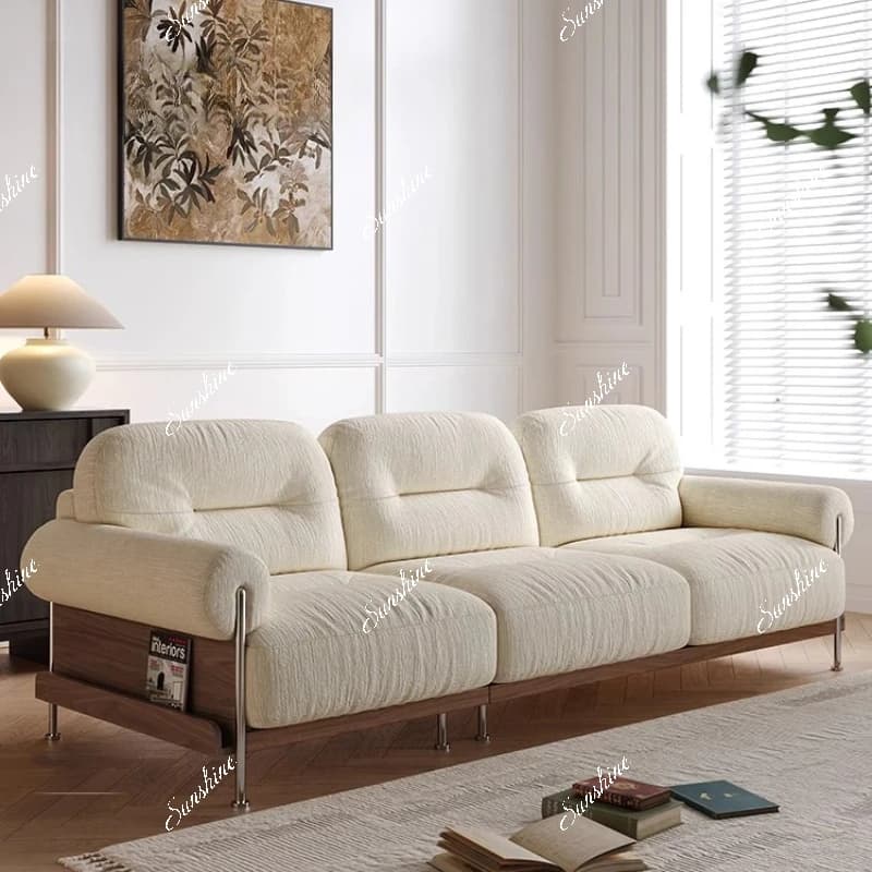 French retro living room small apartment solid wood straight row chenille fabric removable sofa