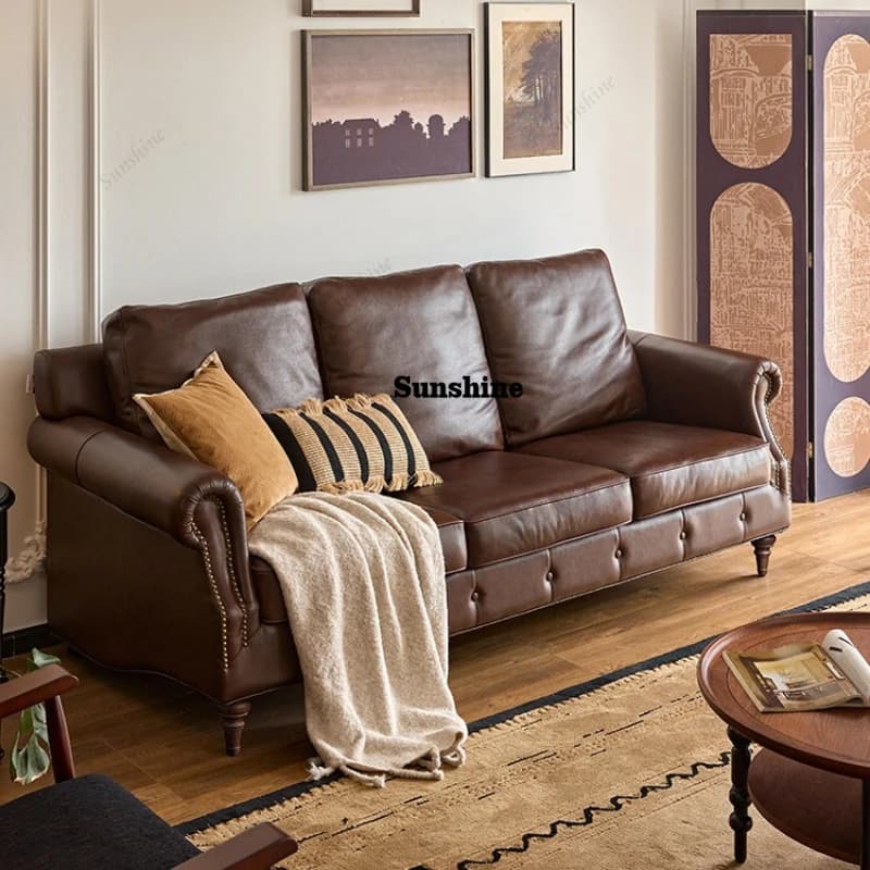 American Sofa Solid Wood Vintage Living Room Modern Minimalist Leather Brown Sofa