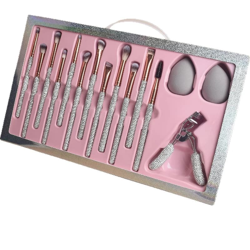 18 diamond makeup brushes with headbands, eyelash curlers, diamond barrels, beauty blender accessories 22-piece set