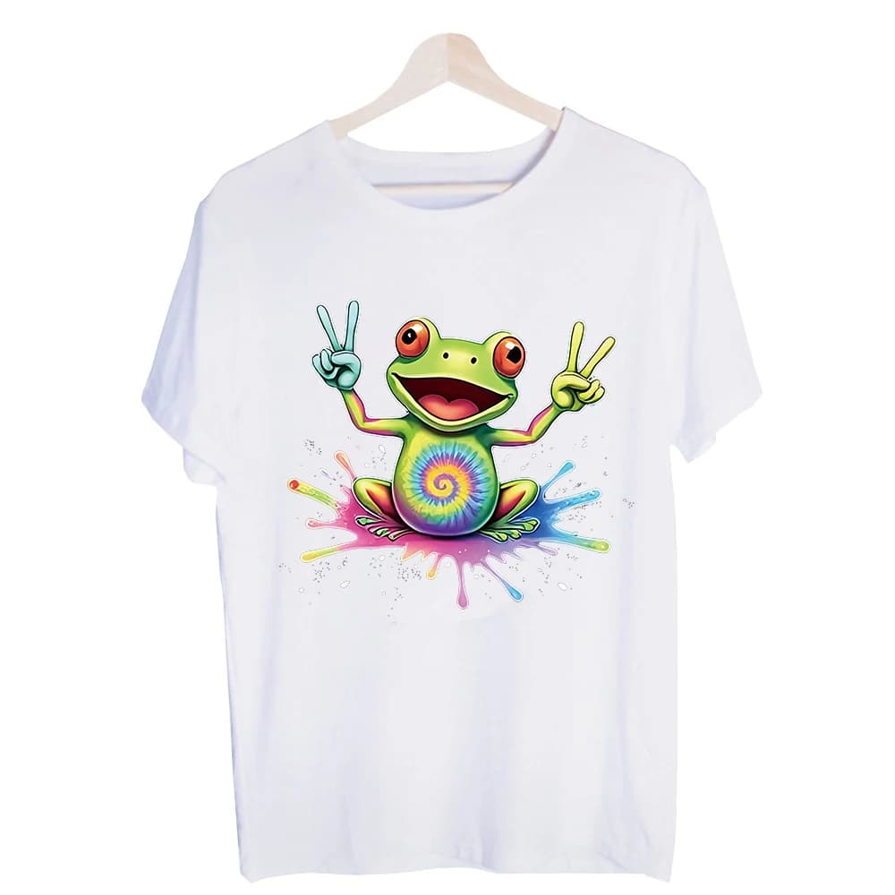 Men's Frog Peace Sign Graphic Tee, Short Sleeve Crew Neck T-Shirt for Hippie Style Summer Outfits