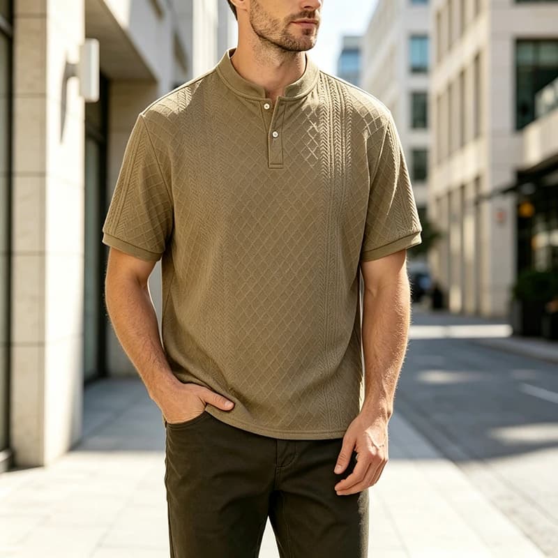 Men's Summer Jacquard Knit Henley Shirt Short Sleeve Loose Fit Casual Textured Stand Collar Button Top for Daily Work Vacation