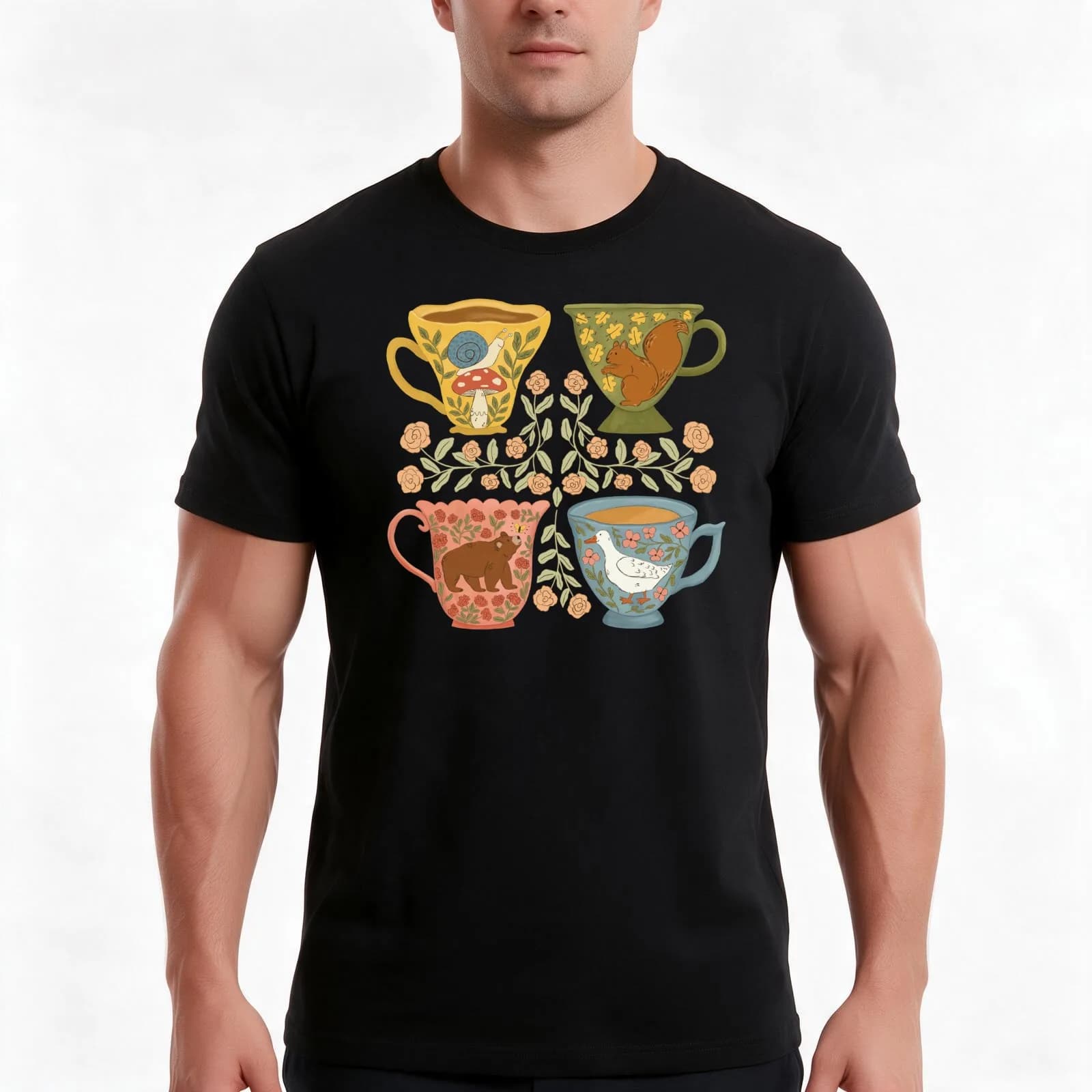 Floral Animal Teacups T-Shirt, Summer Casual Cotton Tee, Oversized Streetwear Tops, Vintage Graphic Print, Unisex Men Women
