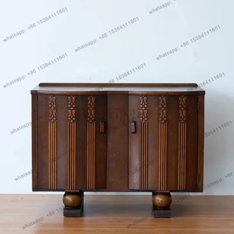 European vintage solid wood distressed carved sideboard French medieval neoclassical log color