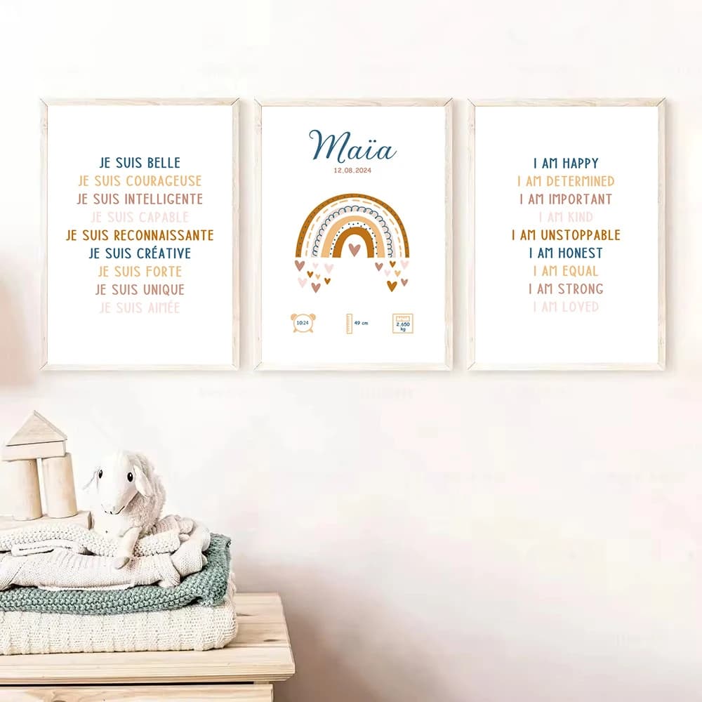 Custom Baby Name Birth Poster Educational Quotes Art Prints Rainbow Canvas Painting Nursery Nordic Wall Pictures Kids Room Decor