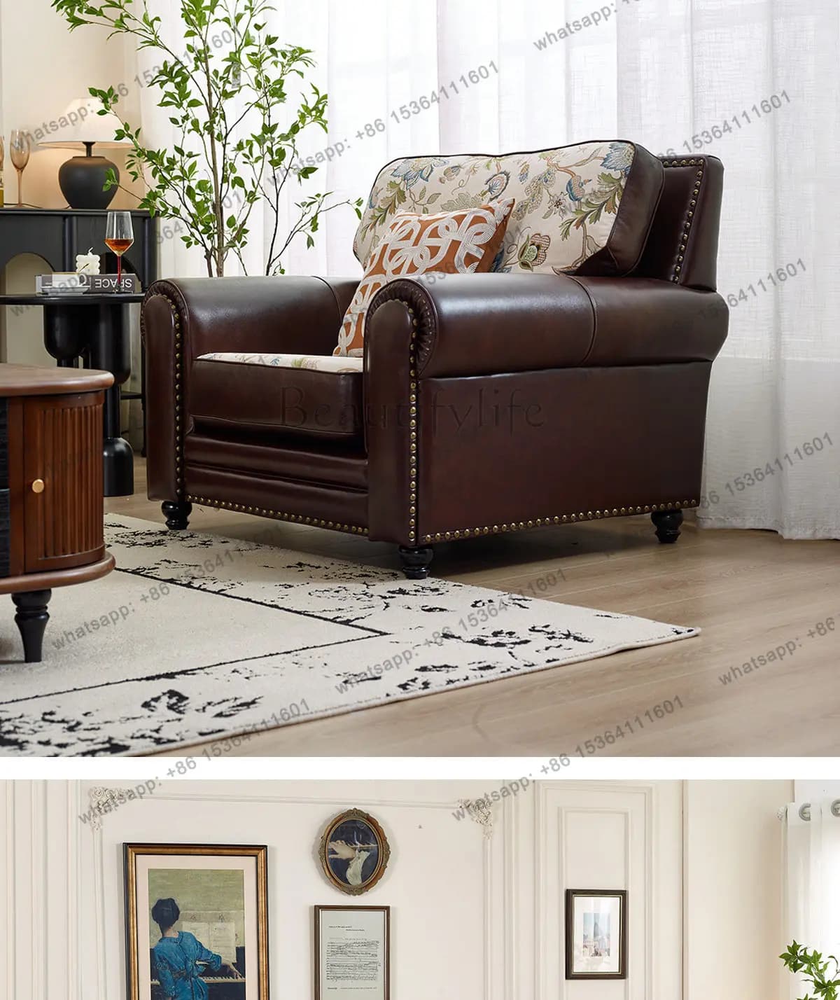 American sofa brown oil wax leather leather first layer cowhide four people straight row