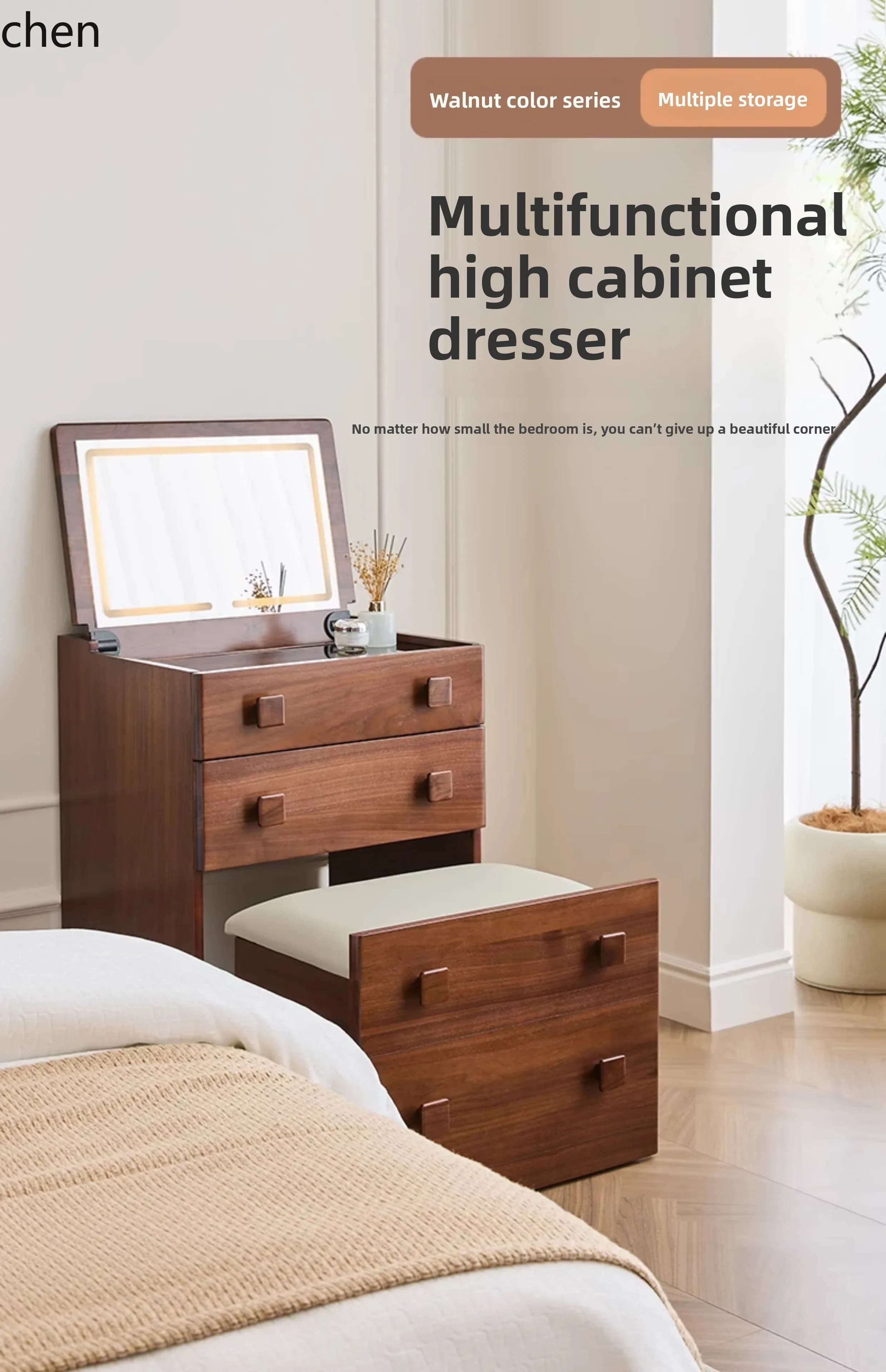 HT Solid Wood Dressing Table Bedroom Chest of Drawers Integrated Storage Cabinet Bedside Small Apartment
